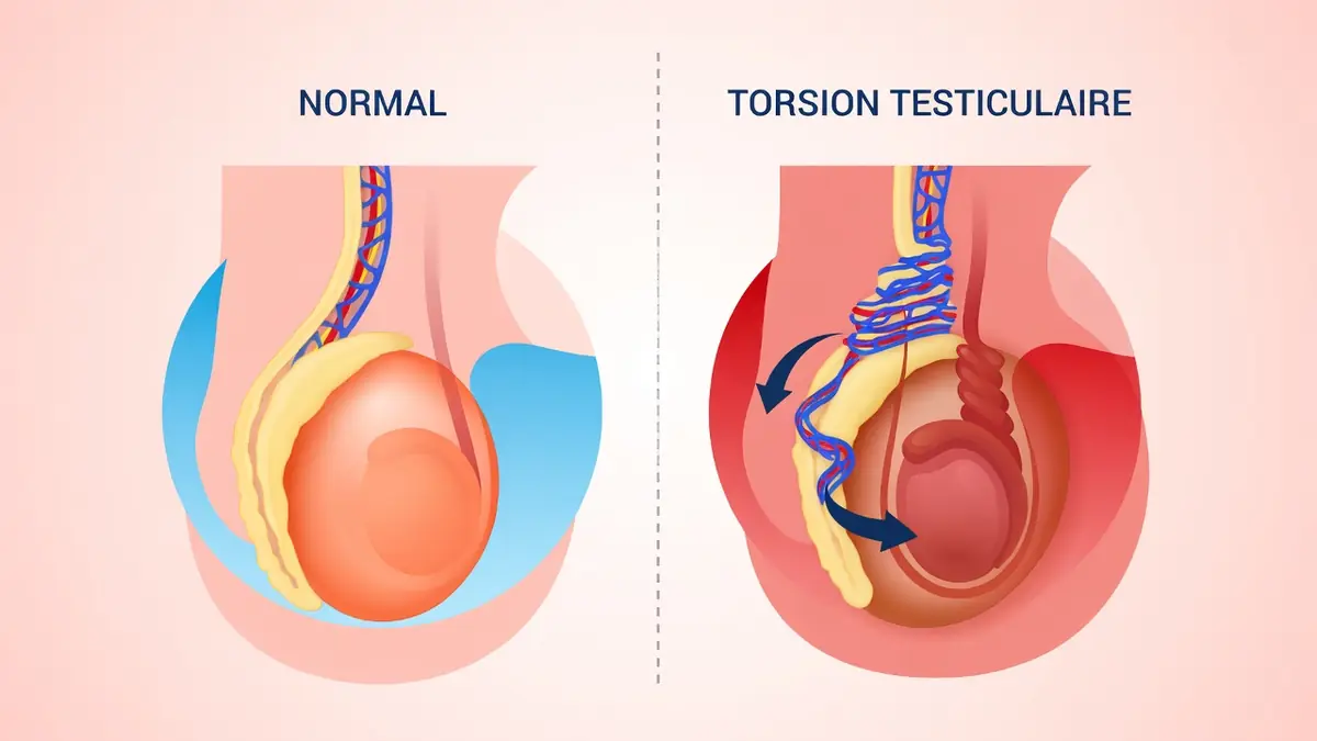 Schéma comparatif d'un testicule normal et d'une torsion testiculaire avec cordon tordu.