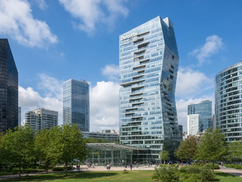 La tour Majunga s'élève dans le ciel bleu entourée d'immeubles et d'arbres à La Défense