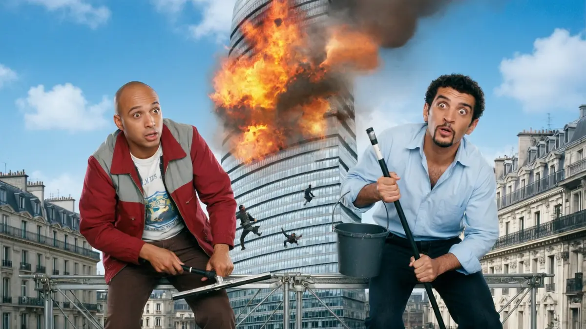 Deux laveurs de vitres surpris devant une explosion sur la Tour Montparnasse infernale