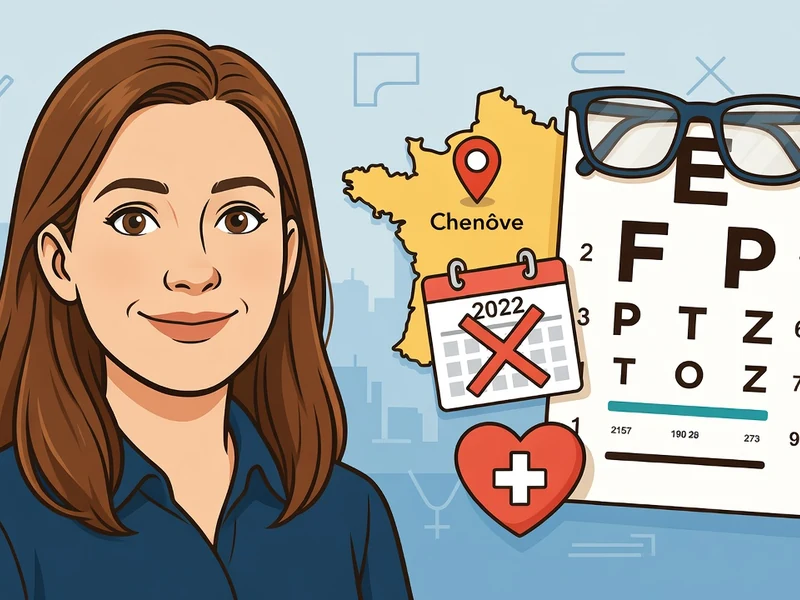 Adriana Ciudin souriante à côté d'une carte, d'un calendrier, d'un test visuel et d'un cœur médical