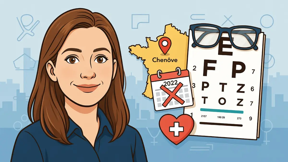 Adriana Ciudin souriante à côté d'une carte, d'un calendrier, d'un test visuel et d'un cœur médical