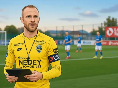 Florian Martin tient une tablette sur un terrain de football