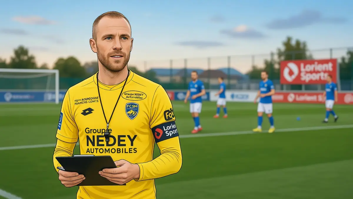 Florian Martin tient une tablette sur un terrain de football