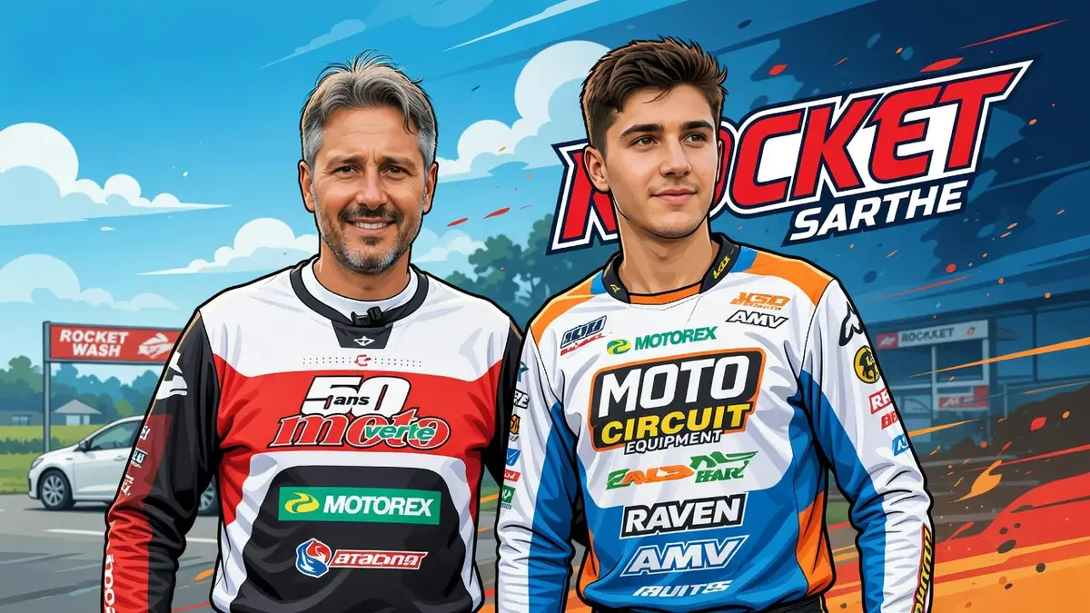 Mickaël Pichon pose aux côtés d'un jeune pilote de motocross