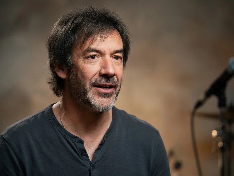 Thomas Vedebe en t-shirt noir avec micro sur fond texturé