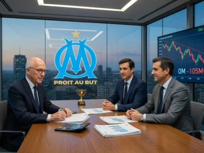 Trois hommes en costume discutent de la vente OM à une table de conférence dans un bureau moderne