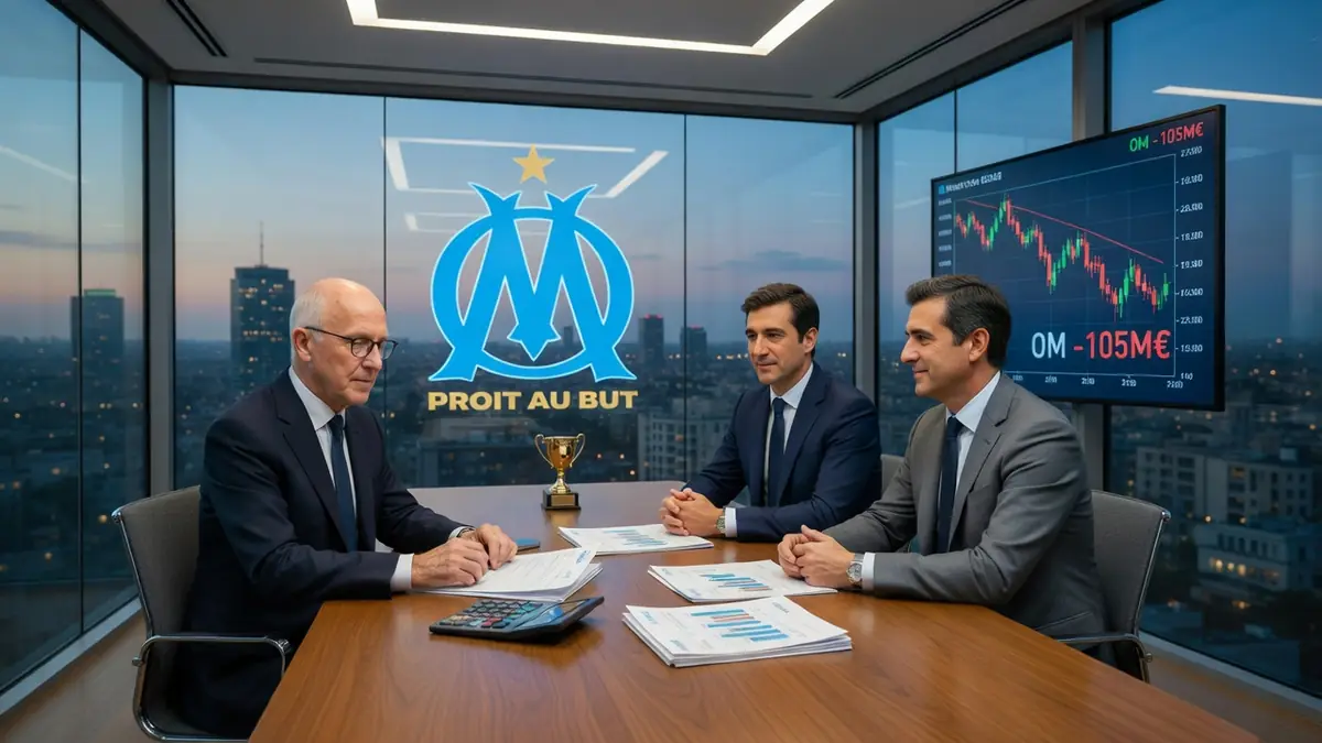 Trois hommes en costume discutent de la vente OM à une table de conférence dans un bureau moderne
