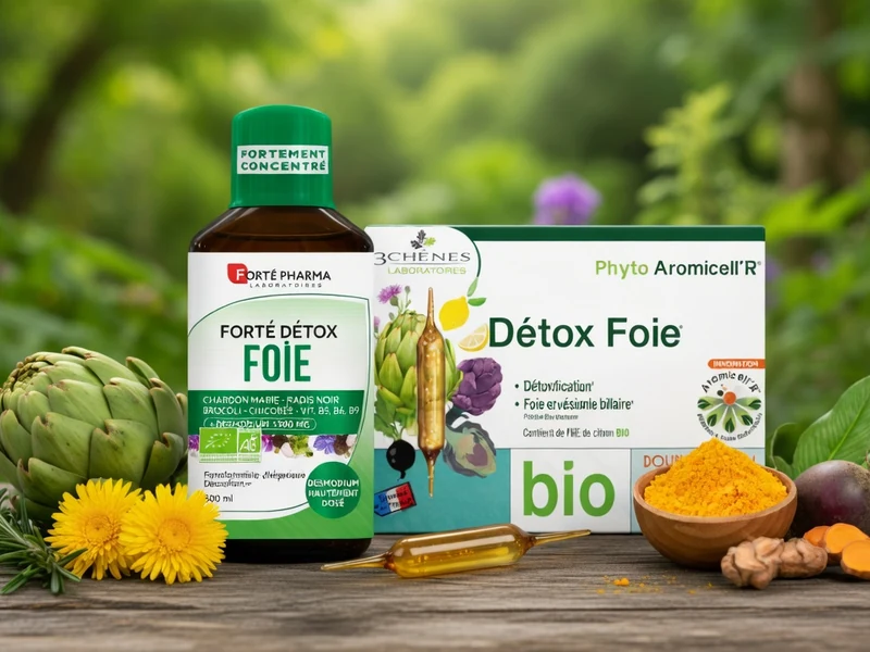 Des produits et plantes pour la désintox foie sur une table en bois