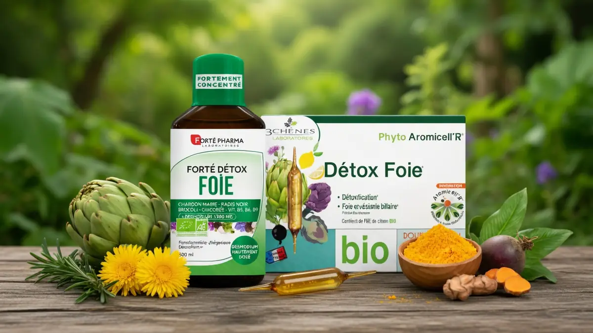 Des produits et plantes pour la désintox foie sur une table en bois
