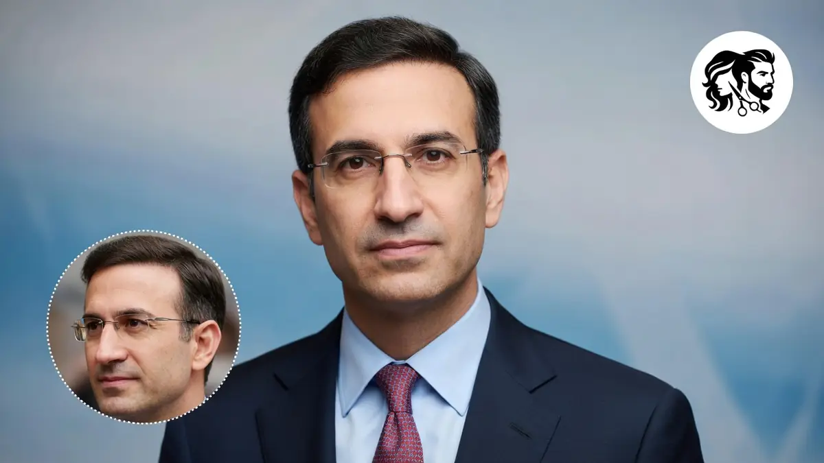 Suited man portrait with circular inset photo of Peter Orszag wig