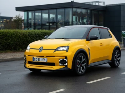 Une Renault 5 thermique jaune est stationnée devant un bâtiment moderne