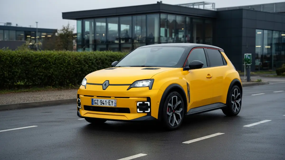 Une Renault 5 thermique jaune est stationnée devant un bâtiment moderne