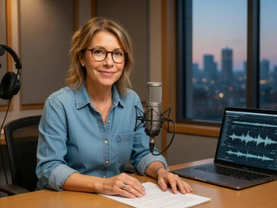 Valérie Guerlain sourit devant un microphone dans un studio d'enregistrement avec vue sur la ville