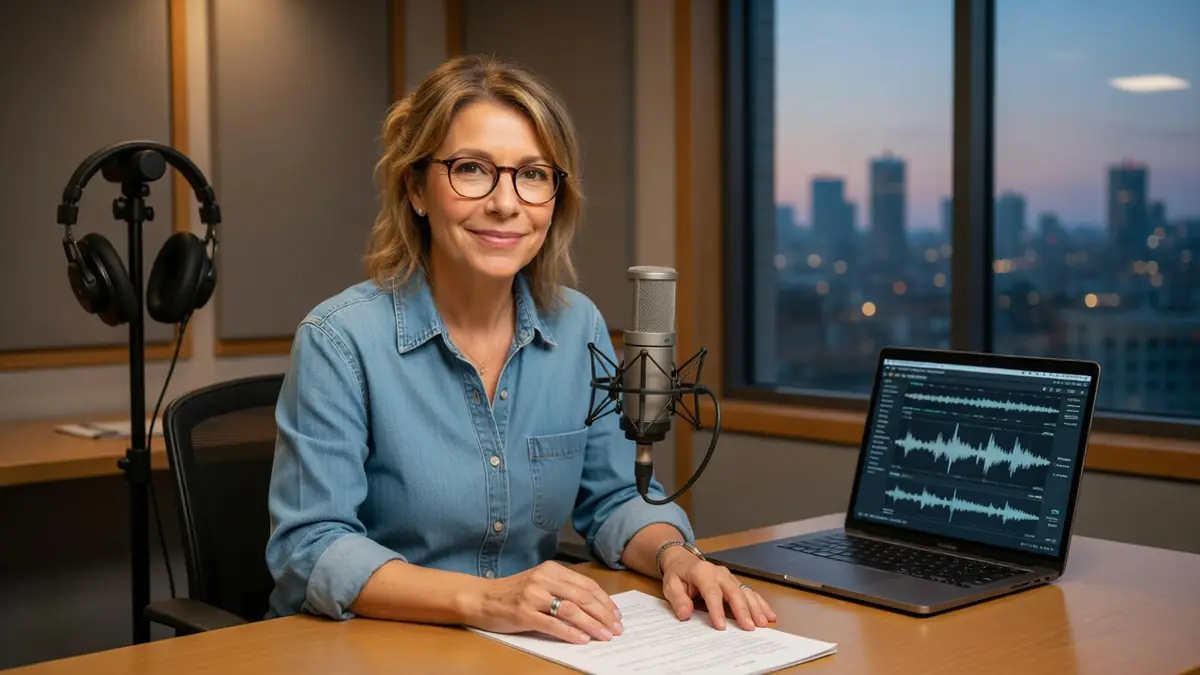 Valérie Guerlain sourit devant un microphone dans un studio d'enregistrement avec vue sur la ville
