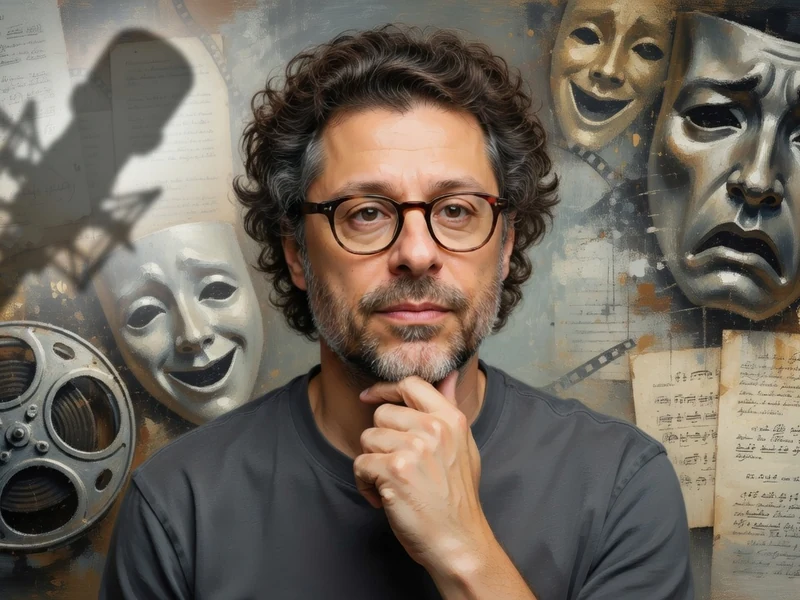 Anatole de Bodinat se tient la main au menton entouré de masques et d'une bobine de film