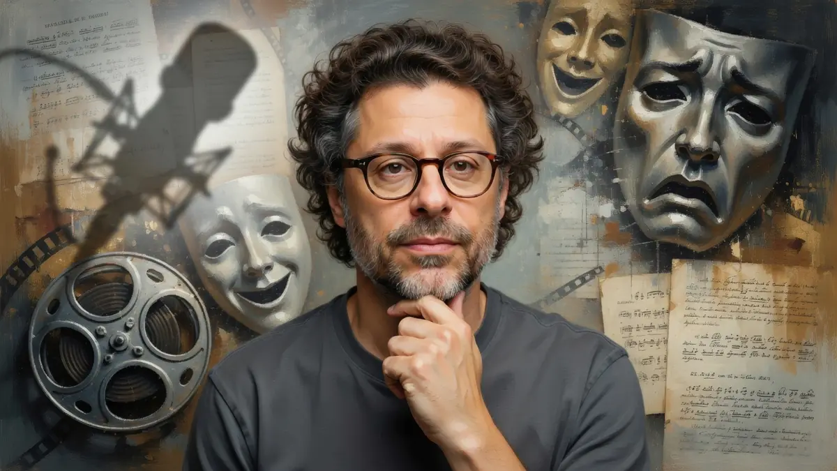 Anatole de Bodinat se tient la main au menton entouré de masques et d'une bobine de film
