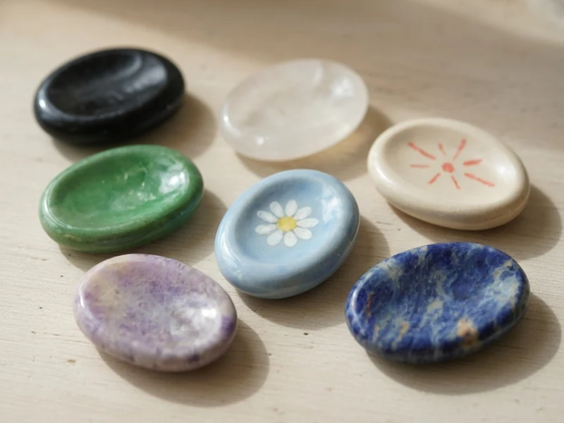 Collection de galets de relaxation de différentes couleurs disposés sur une surface claire, chaque worry stone est unique