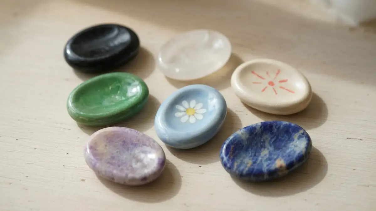 Collection de galets de relaxation de différentes couleurs disposés sur une surface claire, chaque worry stone est unique