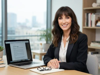 Laure de Lattre sourit assise à un bureau moderne avec ordinateur portable