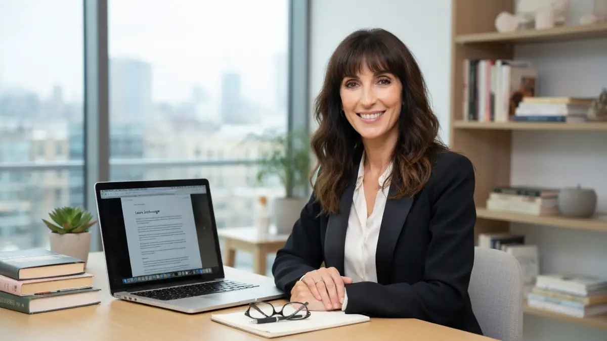 Laure de Lattre sourit assise à un bureau moderne avec ordinateur portable