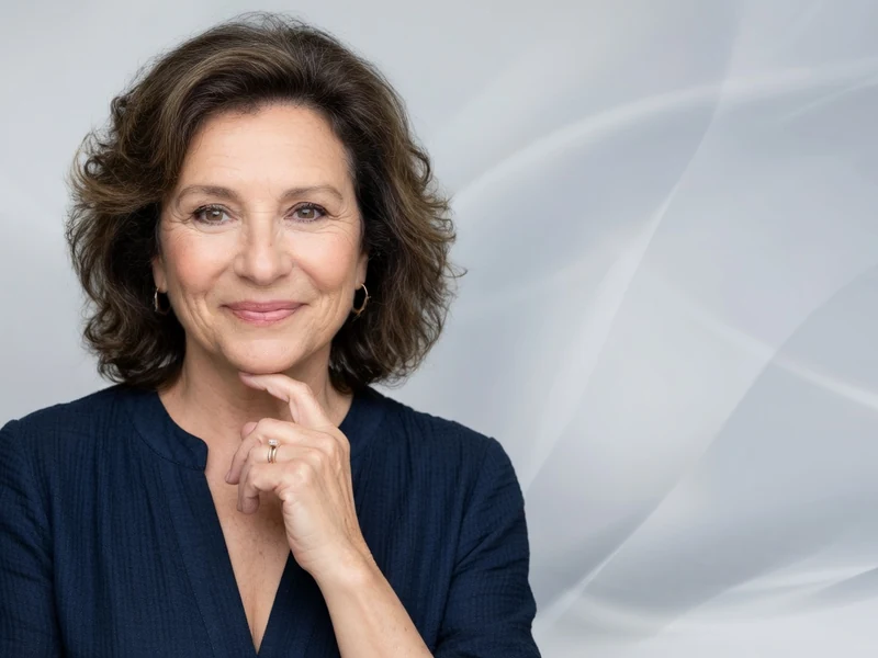 Portrait souriant et élégant de Laurence Jeanneret posant sur un fond gris neutre