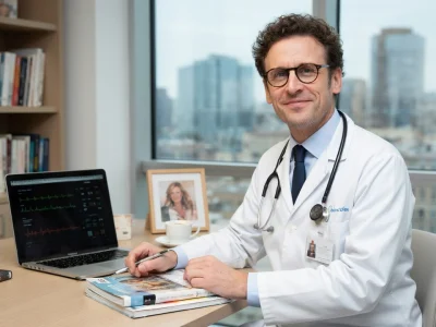 Laurent Macron sourit en blouse de médecin devant son ordinateur dans un bureau moderne