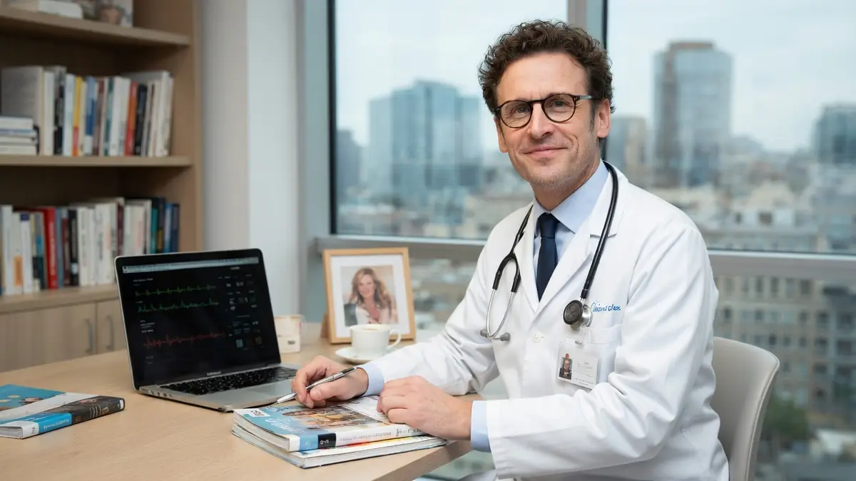 Laurent Macron sourit en blouse de médecin devant son ordinateur dans un bureau moderne