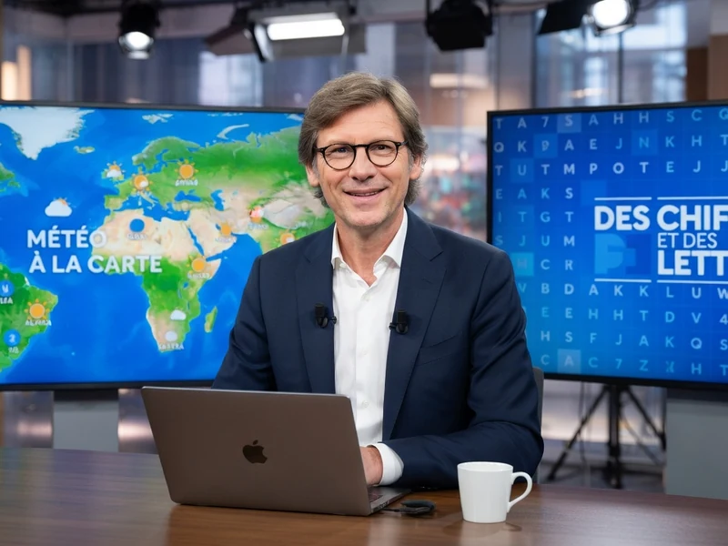 Laurent Romejko sourit à son bureau face à un ordinateur portable dans un studio de télévision