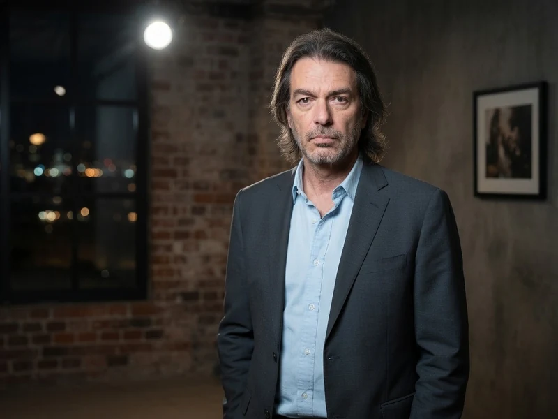 Laurent Sauvage se tient dans un espace avec un mur de briques et une fenêtre sur la ville la nuit