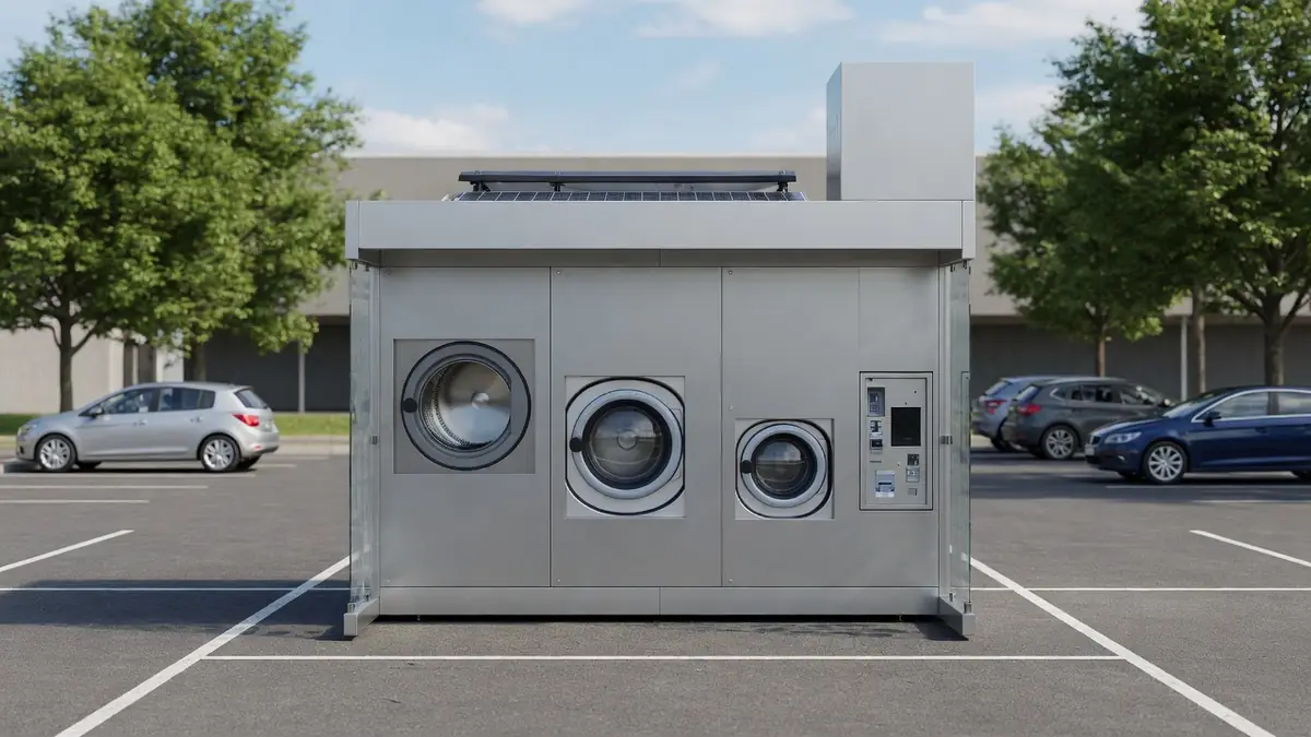 Illustration de votre laverie Révolution Laundry sur un parking arboré.