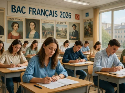 Des élèves passent le bac français 2026 dans une salle de classe ensoleillée
