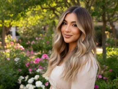Une femme aux longs cheveux ondulés avec balayage blond dans un jardin fleuri