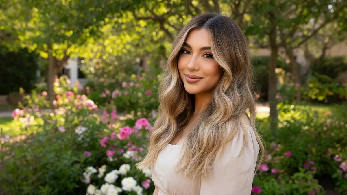Une femme aux longs cheveux ondulés avec balayage blond dans un jardin fleuri