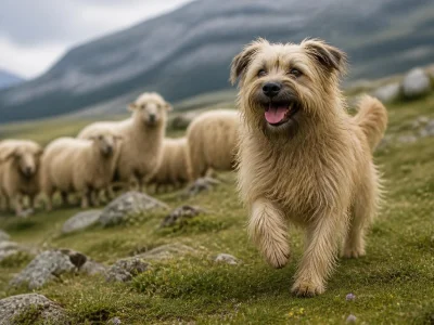 Un berger pyrénéen joyeux court dans un pâturage de montagne avec un troupeau de moutons en arrière-plan