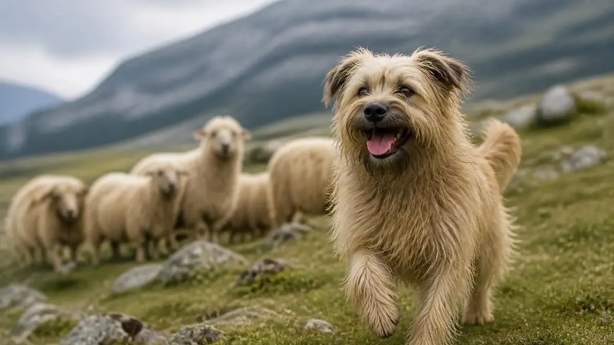 Un berger pyrénéen joyeux court dans un pâturage de montagne avec un troupeau de moutons en arrière-plan