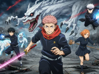 Visuel de jujutsu kaisen Saison 3 date de sortie où les protagonistes affrontent une bête géante