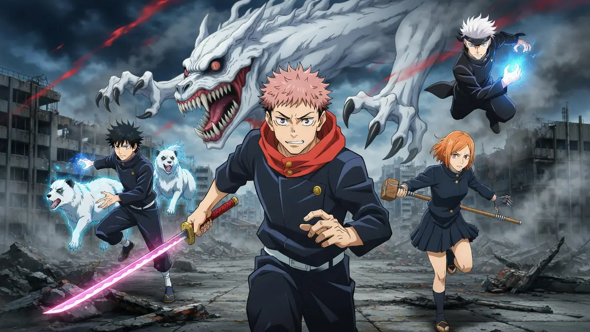 Visuel de jujutsu kaisen Saison 3 date de sortie où les protagonistes affrontent une bête géante