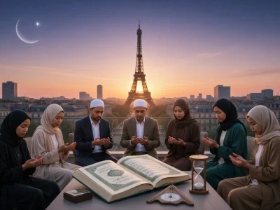 Des fidèles prient autour d'un Coran face à la tour Eiffel aux horaires Ramadan 2026