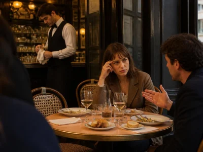 Un couple discute sérieusement autour d'une table dans le cadre chaleureux du bistrot Gisèle
