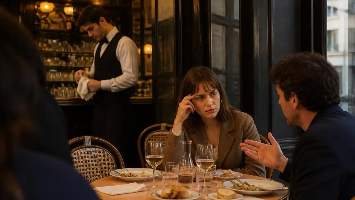 Un couple discute sérieusement autour d'une table dans le cadre chaleureux du bistrot Gisèle