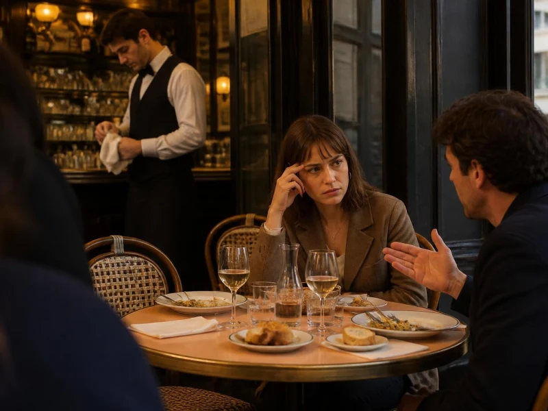 Un couple discute sérieusement autour d'une table dans le cadre chaleureux du bistrot Gisèle