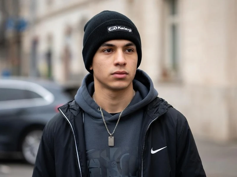 Un jeune homme porte un bonnet Kalenji noir dans la rue avec un sweat à capuche et une veste de sport