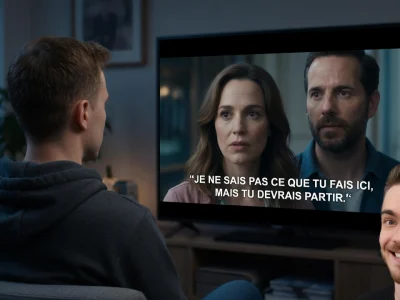 Un homme en sweat à capuche regarde du streaming vostfr à la télévision avec un ami qui sourit