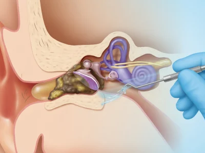 Extraction d'un bouchon aux oreilles par un instrument tenu par une main gantée
