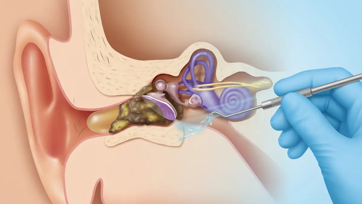 Extraction d'un bouchon aux oreilles par un instrument tenu par une main gantée