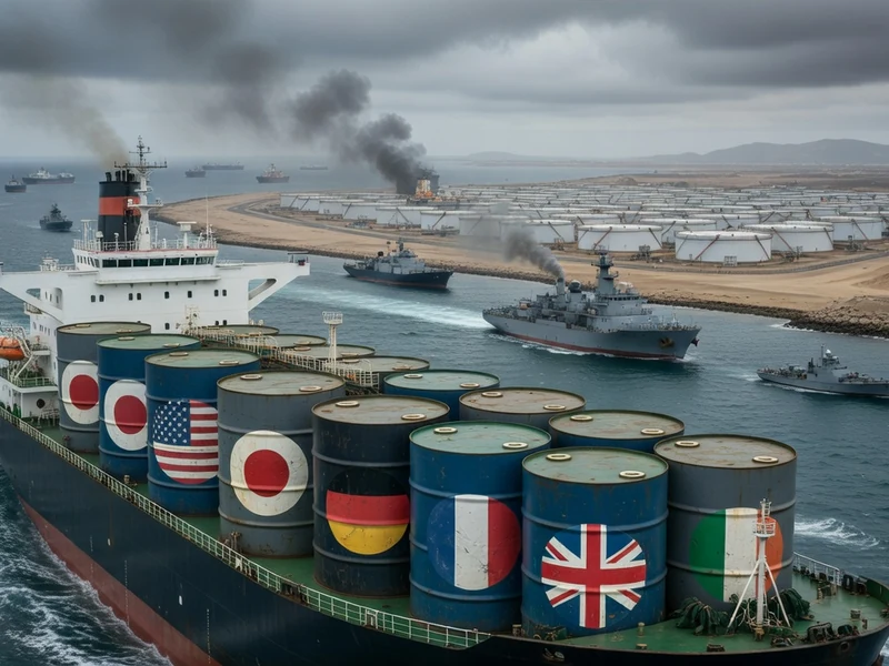 Un pétrolier escorté par des navires de guerre transporte des barils représentant les réserves stratégiques globales de pétrole