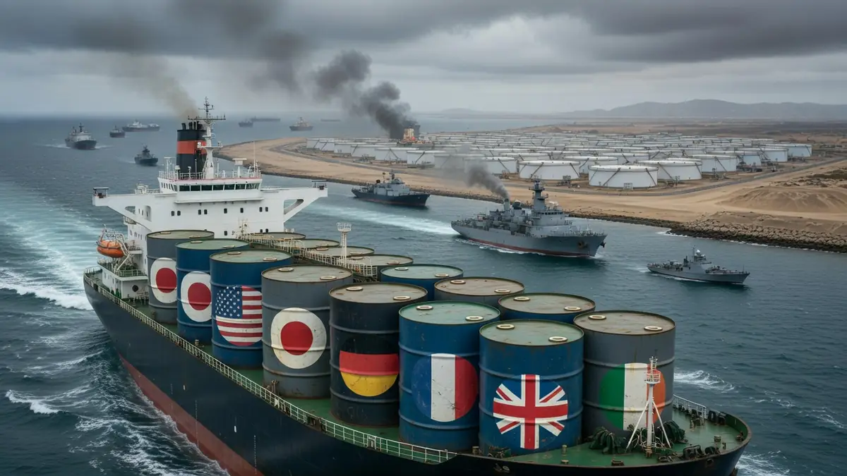 Un pétrolier escorté par des navires de guerre transporte des barils représentant les réserves stratégiques globales de pétrole