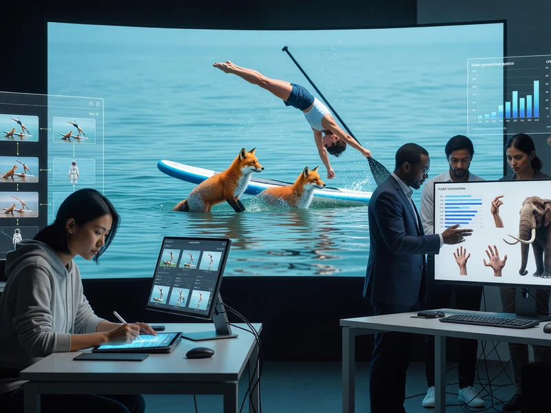 Des experts discutent d'une séquence générée par sora ChatGPT dans une salle high-tech