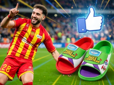 Un joueur de foot célèbre le buzz foot avec des chaussons et un like sur le terrain