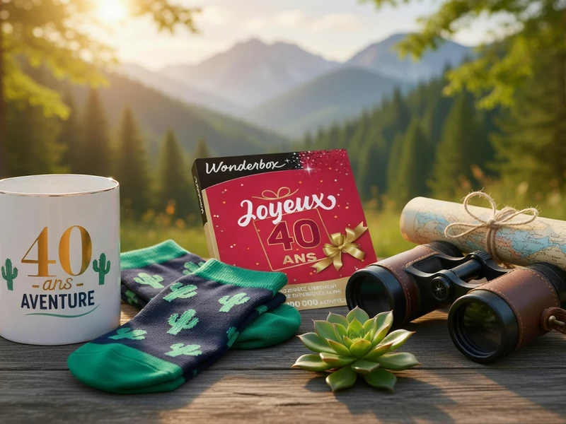Une tasse, des chaussettes, des jumelles et une plante sur une table en bois composent un cadeau 40 ans face aux montagnes.